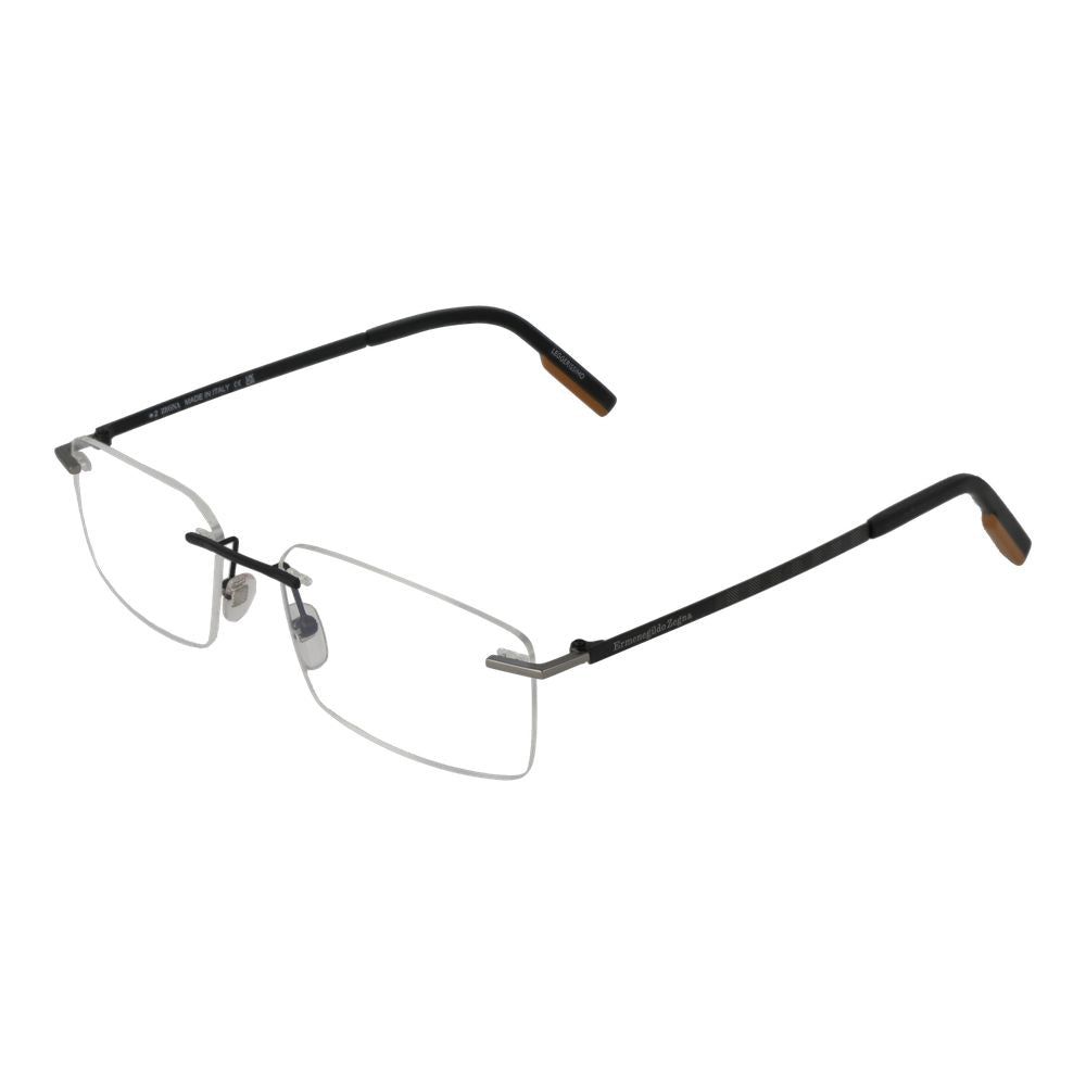 Ermenegildo Zegna Gray Men Glasses Frame, gunmetal metal rectangle rimless design, 57-17-145 size, includes branded case.