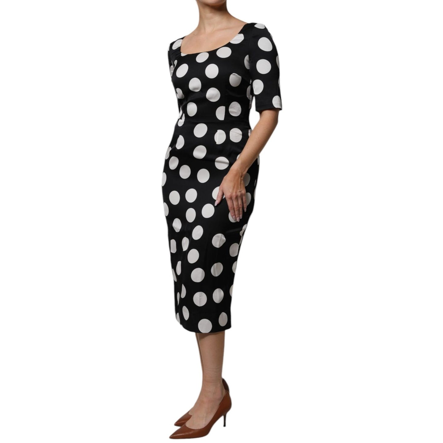 Dolce & Gabbana Black White Silk Polka Dots Sheath Midi Dress