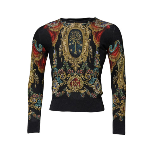 Dolce & Gabbana Black Heraldic DG Silk Round Neck Pullover Sweater