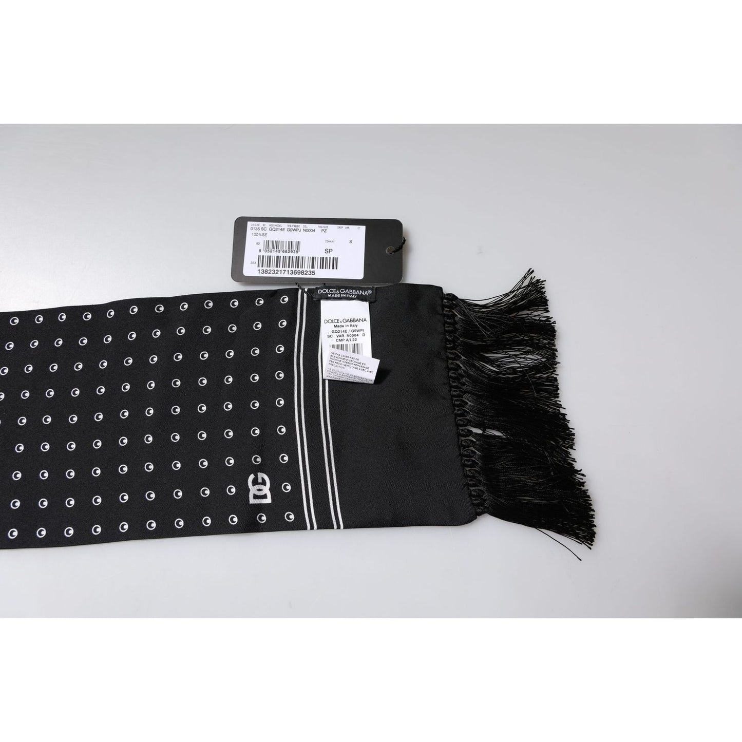 Dolce & Gabbana Black White Polka Dotted Silk Skinny Fringes Scarf