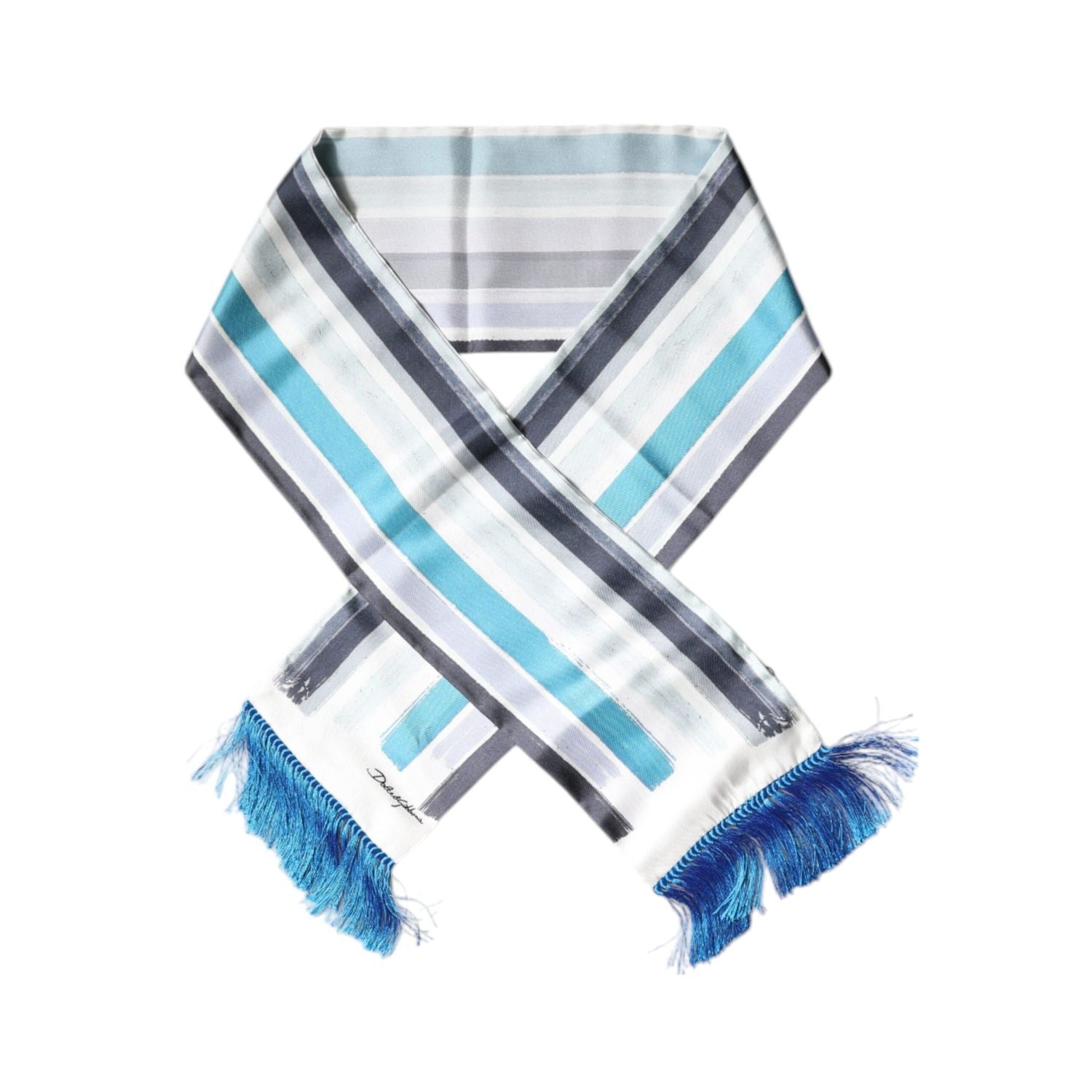 Dolce & Gabbana White Blue Stripes Silk Fringes Wrap Scarf