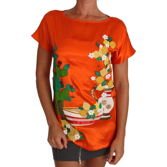 Dolce & Gabbana Silk Orange Lemon Crystal T-shirt Top TSH2381-36