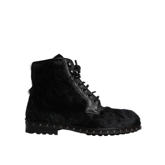 Dolce & Gabbana Black Pony Style Leather Mid Calf Boots Shoes
