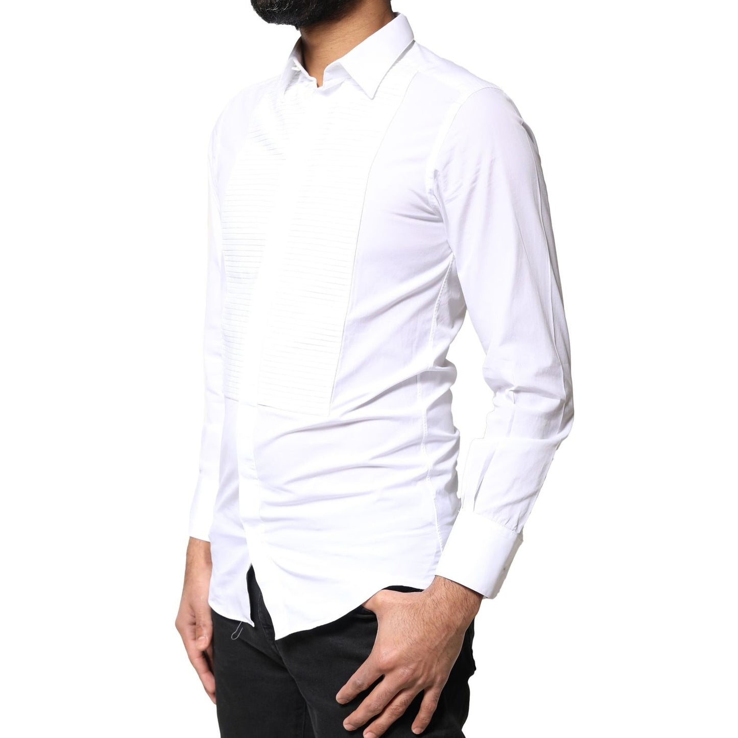 Dolce & Gabbana White GOLD Cotton Poplin Bib Men Dress Shirt