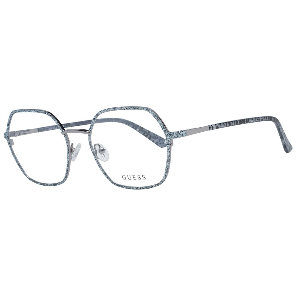 Guess Silver Women Glasses Frame with full-rim metal frame, square style, demo lenses, 53mm width, includes branded case.