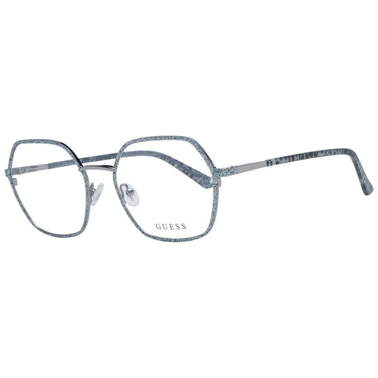 Guess Silver Women Glasses Frame with full-rim metal frame, square style, demo lenses, 53mm width, includes branded case.