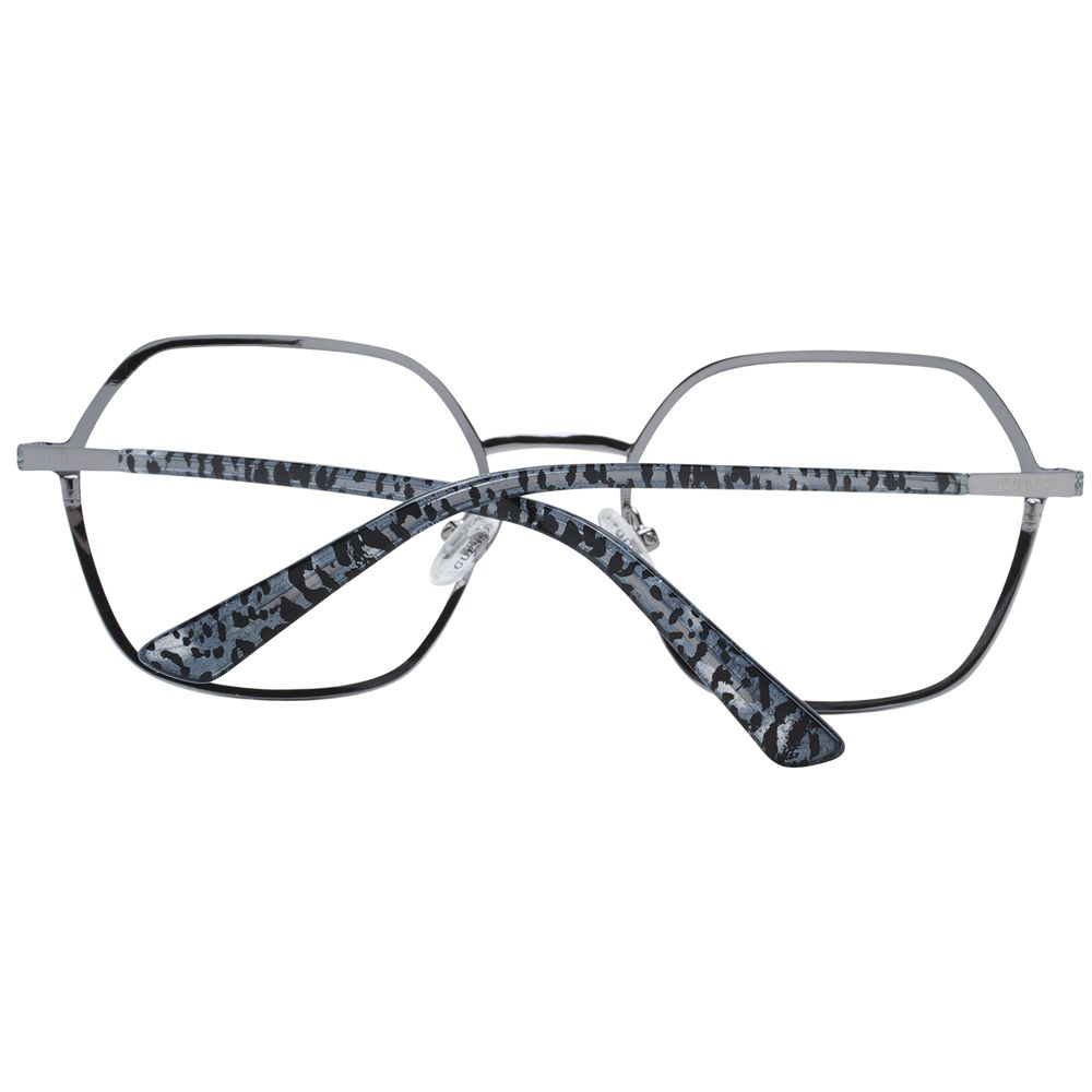 Guess Silver Women Glasses Frame full-rim square style with silver metal, 53-19-140 size, demo lenses, and branded case included.