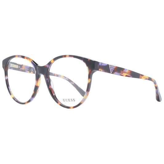 Guess Purple Women Glasses Frame in full-rim round style with purple plastic material, showcasing branded design.