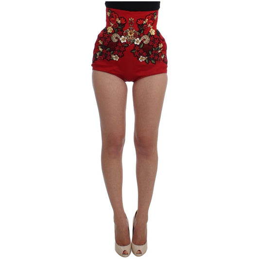 Dolce & Gabbana Red Silk Crystal Roses Shorts SIG20121-1