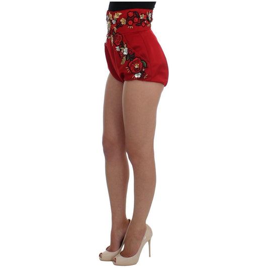 Dolce & Gabbana Red Silk Crystal Roses Shorts SIG20122-2