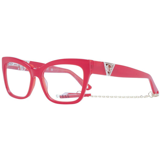 Guess Red Women Glasses Frame in acetate with cat eye style, full-rim design, featuring red color and spring hinge. Size 54-16-145.