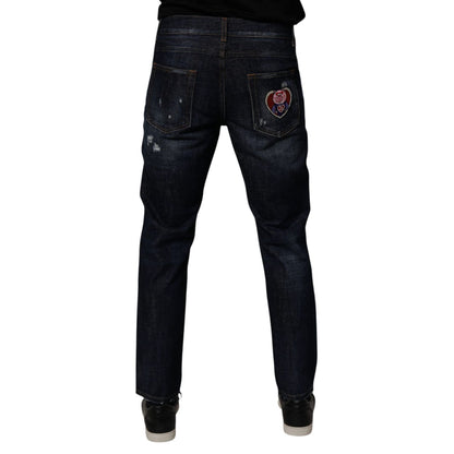 Dolce & Gabbana Dark Blue Cotton Tattered Skinny Denim Jeans