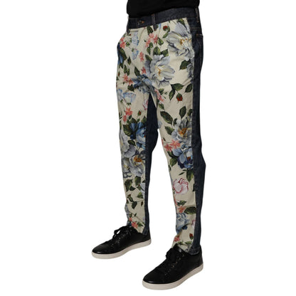 Dolce & Gabbana Beige Blue Floral Cotton Men Denim Jeans