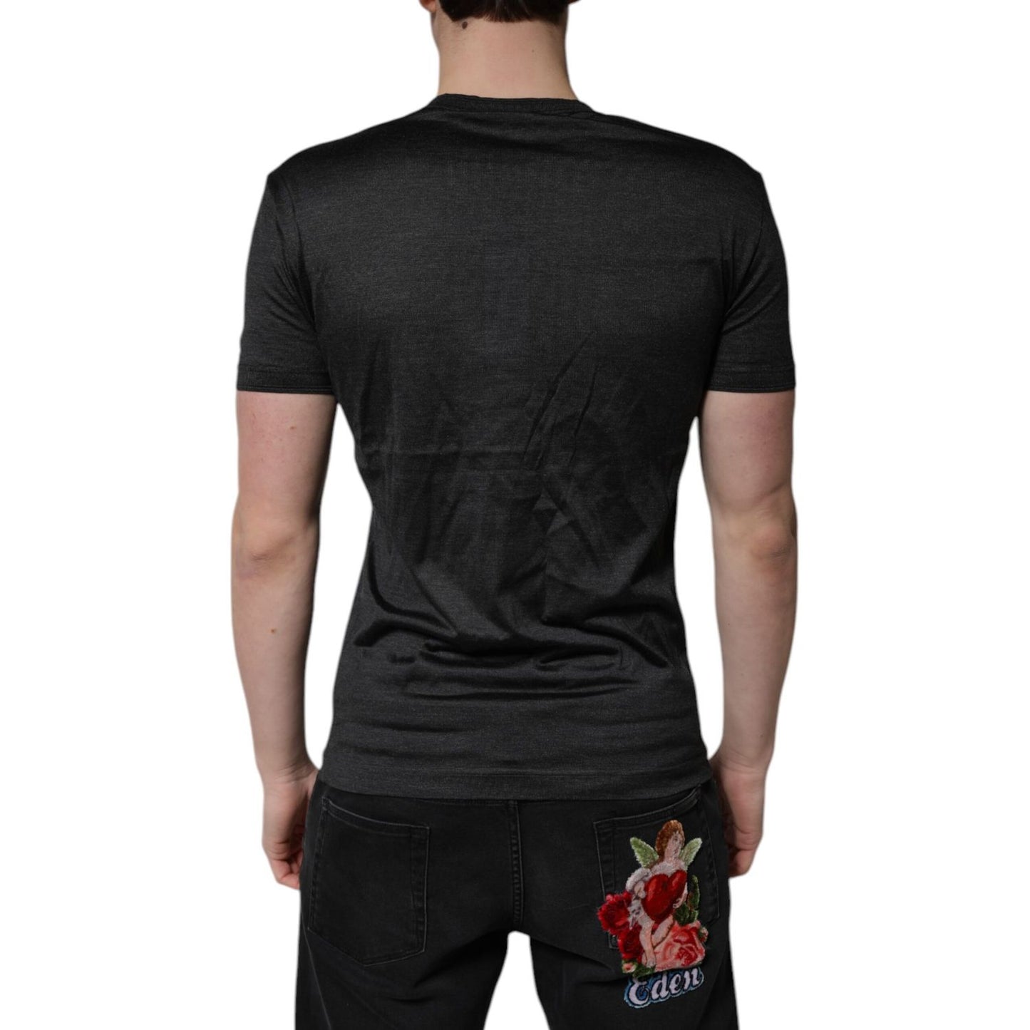 Dolce & Gabbana Dark Gray Silk V-neck Short Sleeves T-shirt