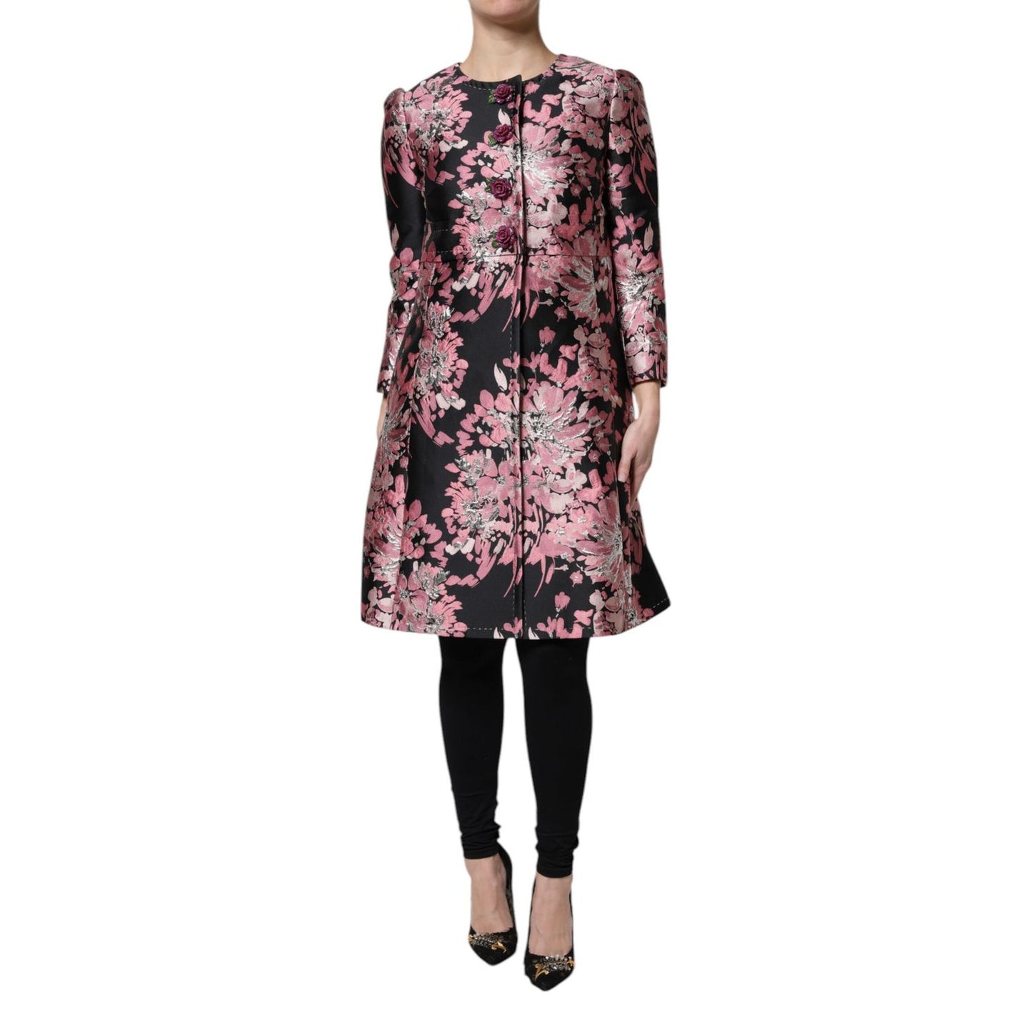 Dolce & Gabbana Pink Black Floral Brocade Trenchcoat Jacket