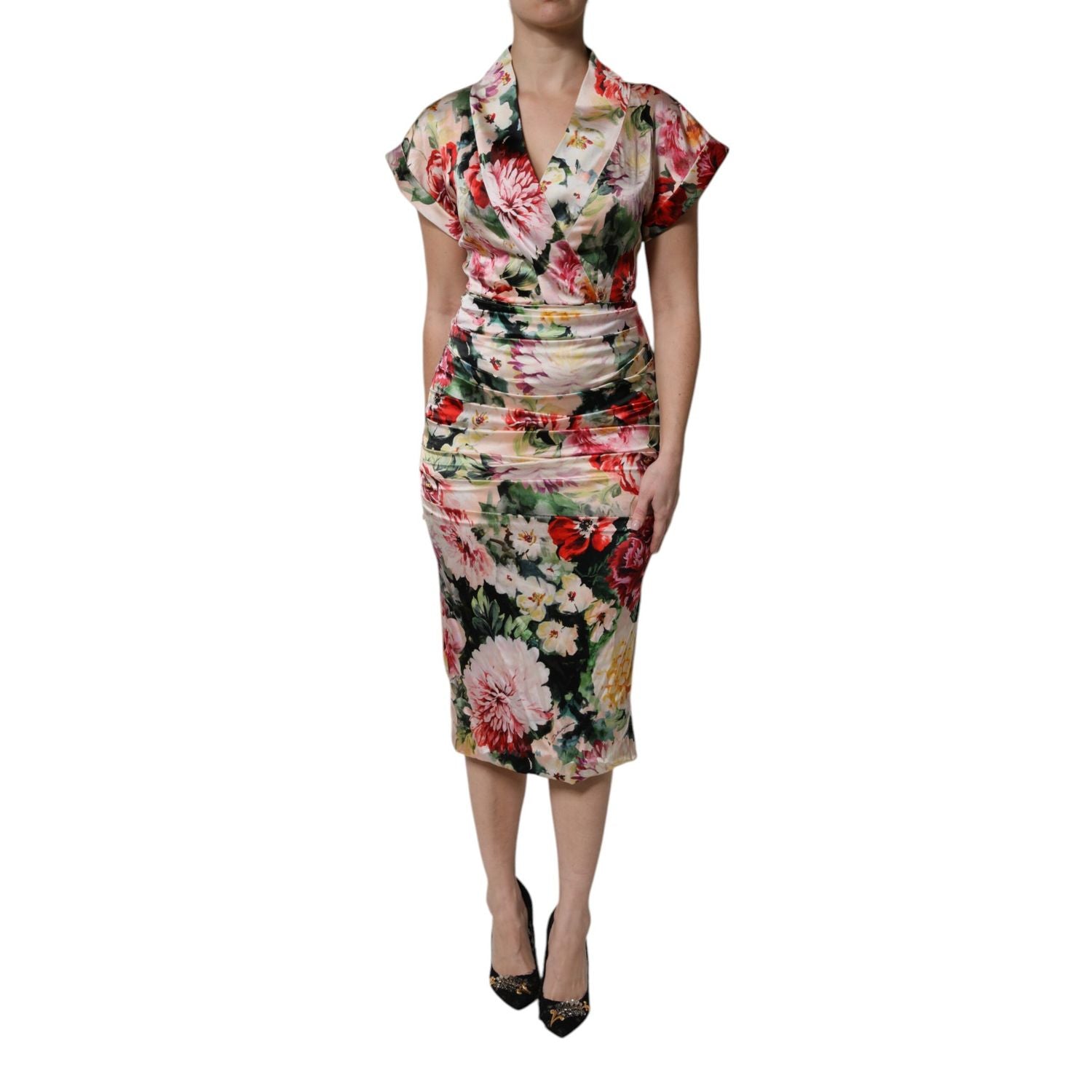 Dolce & Gabbana Multicolor Floral Short Sleeves Sheath Midi Dress
