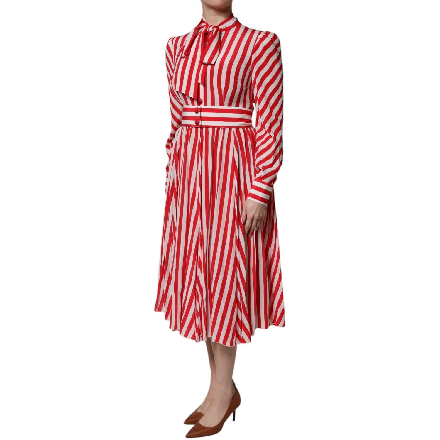 Dolce & Gabbana White Red Stripes Long Sleeves Midi Dress