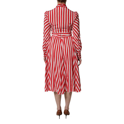 Dolce & Gabbana White Red Stripes Long Sleeves Midi Dress