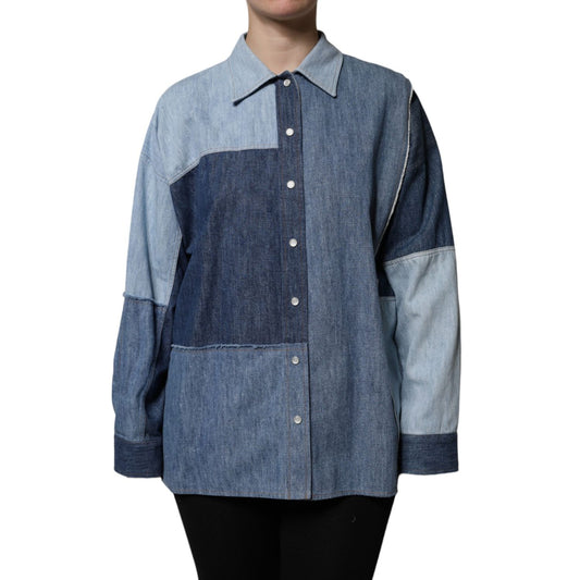 Dolce & Gabbana Blue Cotton Button Up Collared Long Sleeve Top