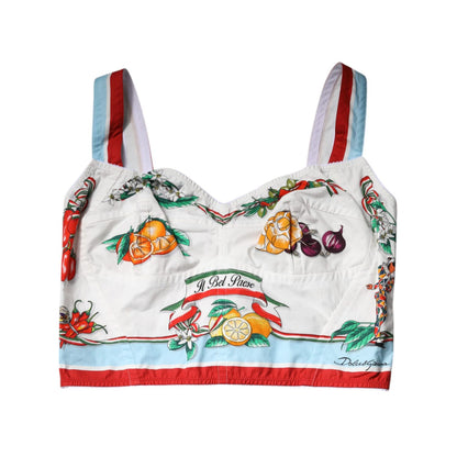 Dolce & Gabbana White Vegetable Print Sweetheart Cropped Top