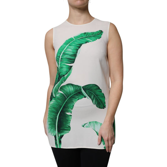 Dolce & Gabbana White Banana Leaf Print Round Neck Tank Top