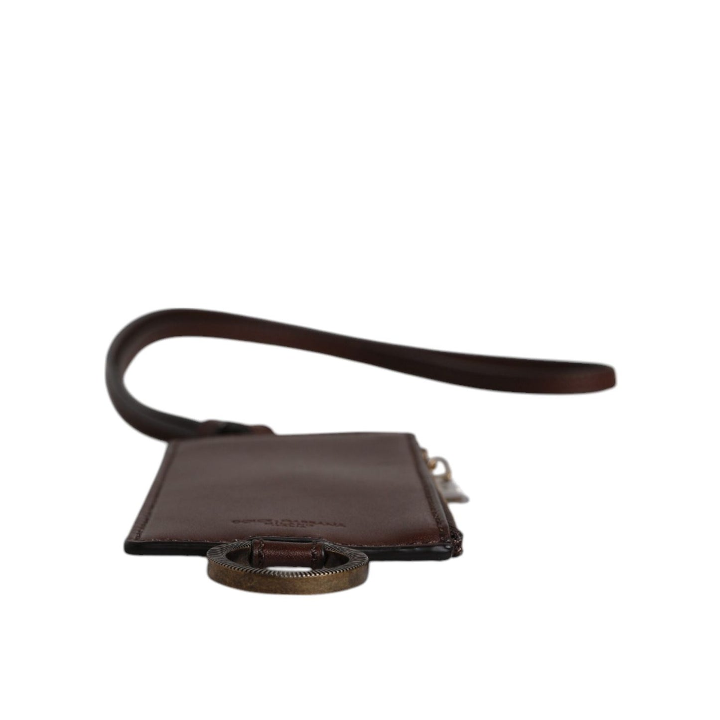 Dolce & Gabbana Brown Calf Leather Lanyard Logo Card Holder Wallet