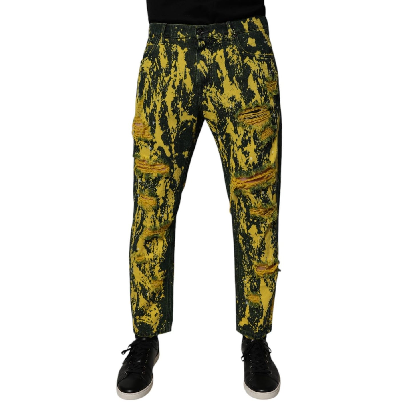 Dolce & Gabbana Black Yellow Tie Dye Tattered Skinny Men Denim Jeans