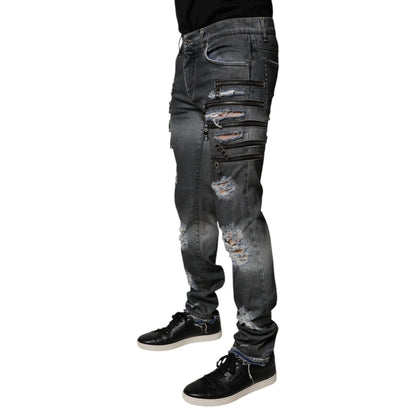 Dolce & Gabbana Dark Gray Tattered Cotton Skinny Denim Jeans