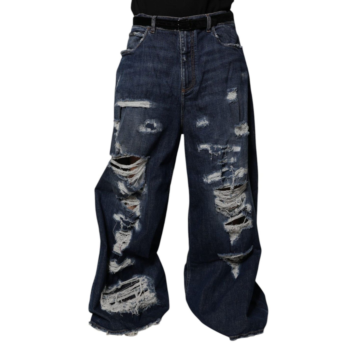 Dolce & Gabbana Dark Blue Tattered Wide Leg Men Denim Jeans