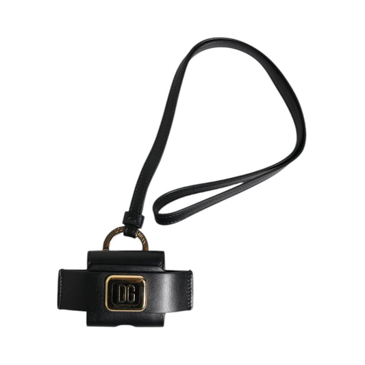 Dolce & Gabbana Black Leather Strap Gold Metal Logo Plaque Airpods Case