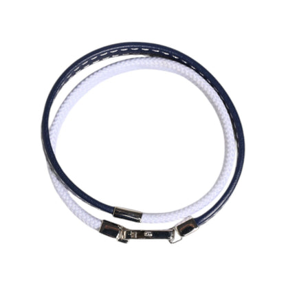 Dolce & Gabbana Blue White Leather Trimmed DG Engraved Silver Tone Clasp Bracelet