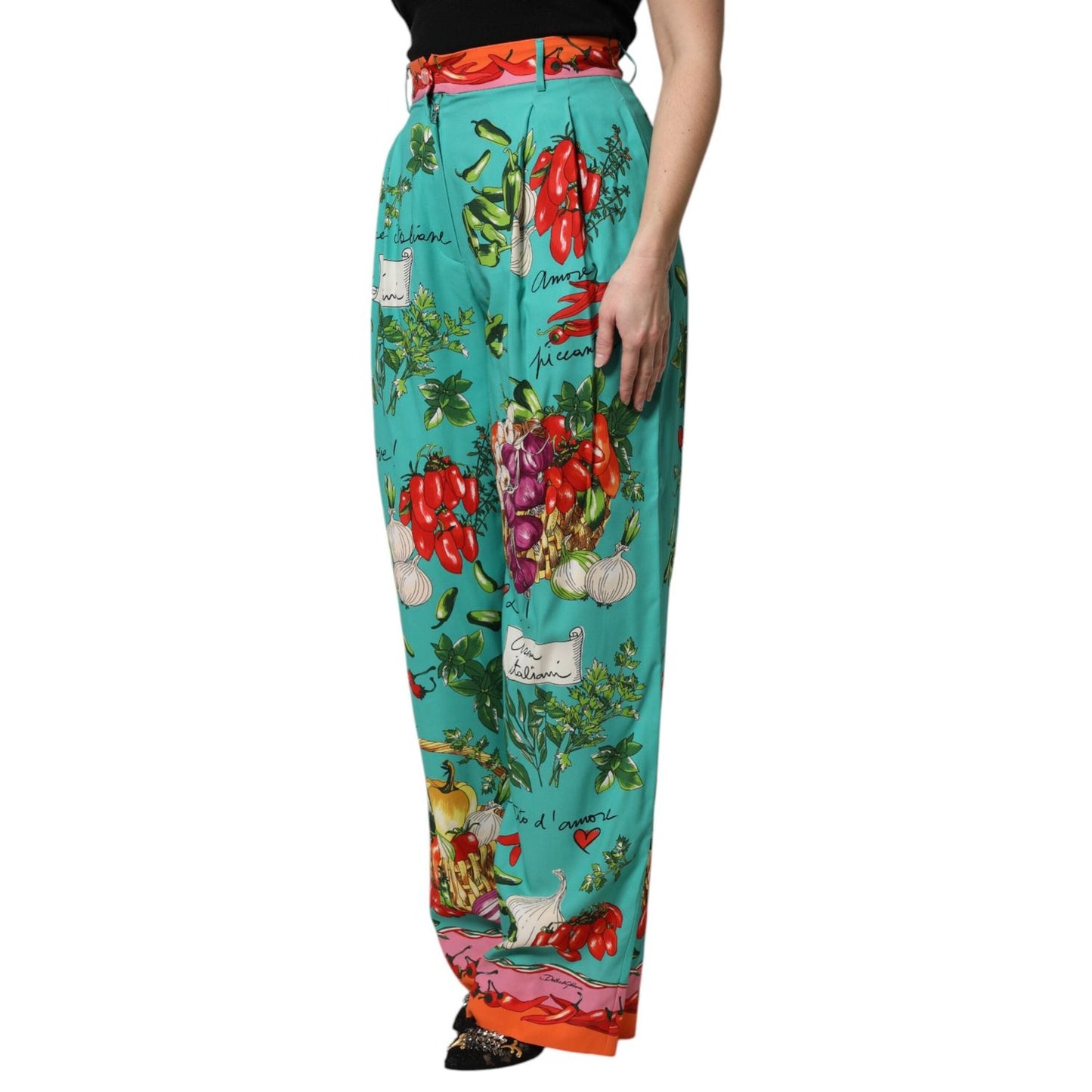 Dolce & Gabbana Green Silk Printed Straight Pants
