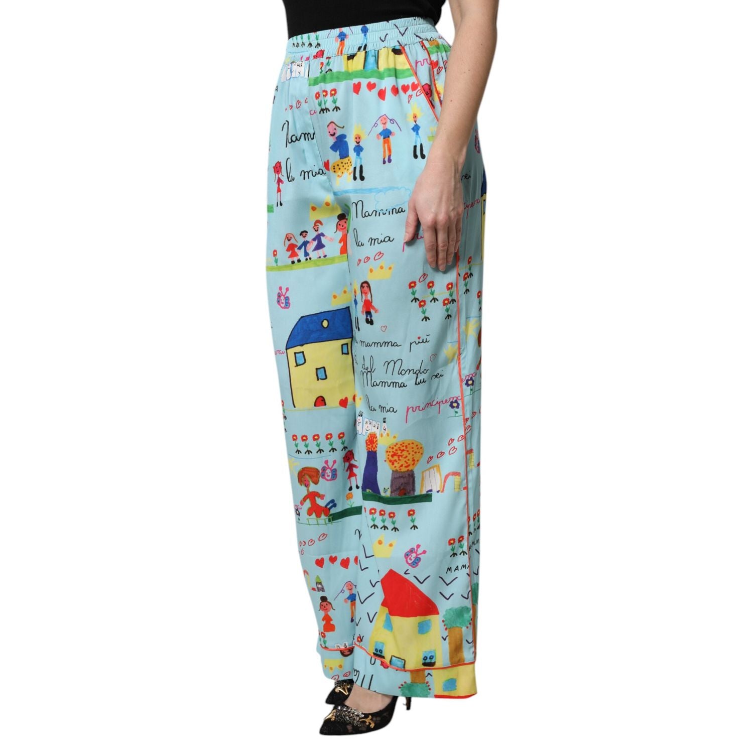 Dolce & Gabbana Light Blue Drawing Mid Waist Wide Leg Pants