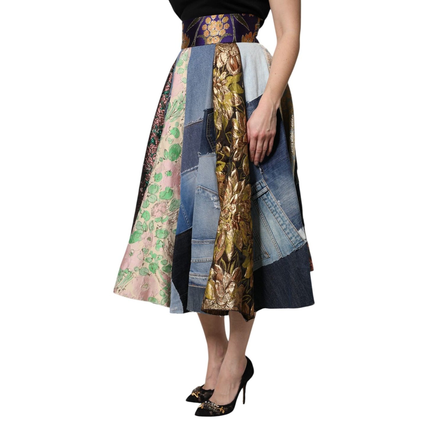 Dolce & Gabbana Multicolor Patchwork High Waisted Midi Skirt