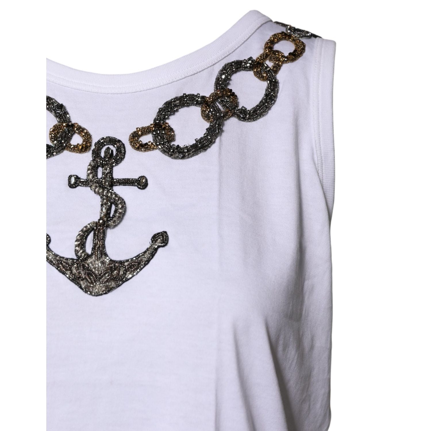 Dolce & Gabbana White Cotton Anchor Chain Embroidery Tank Top