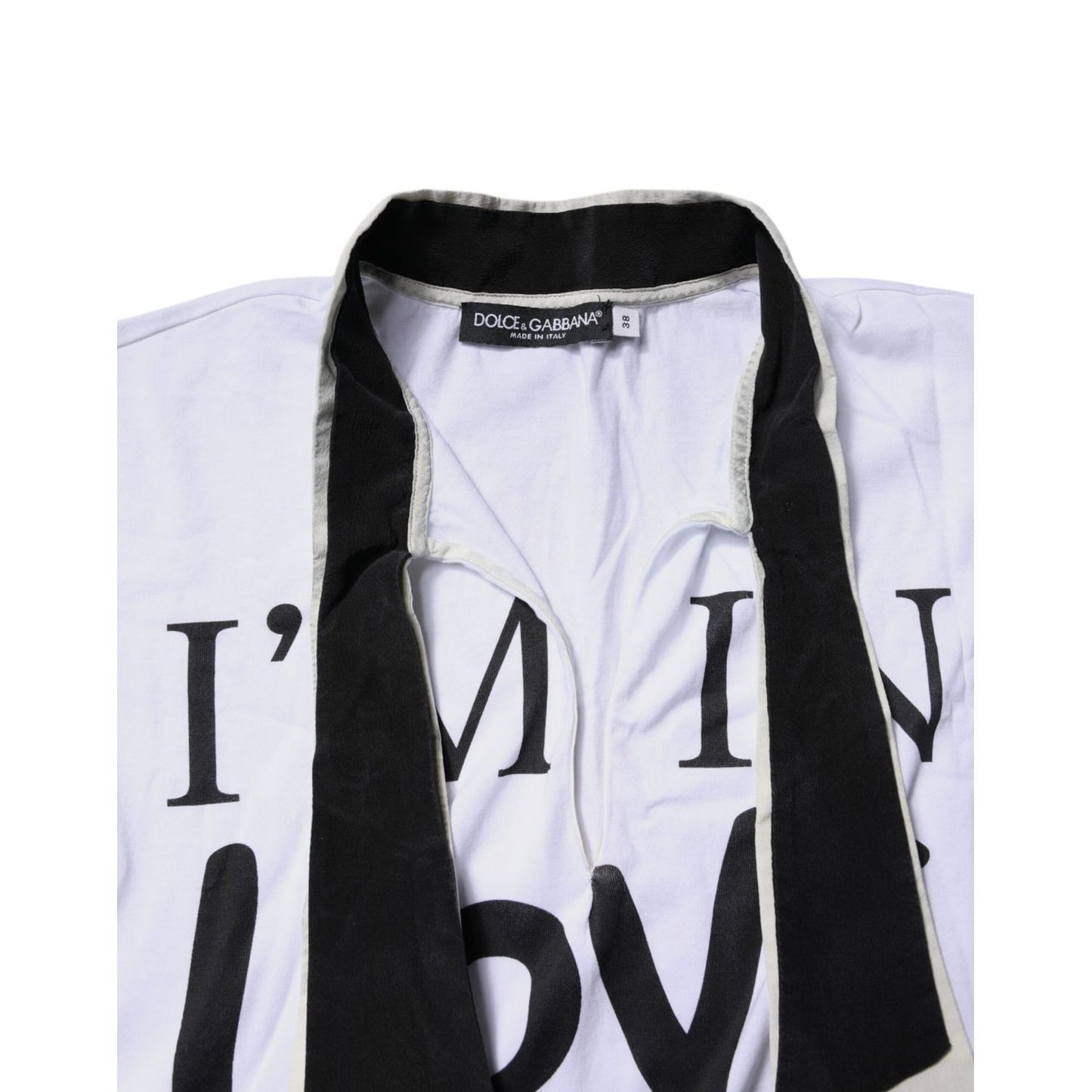 Dolce & Gabbana White Cotton Silk Blend Ascot Collar T-shirt