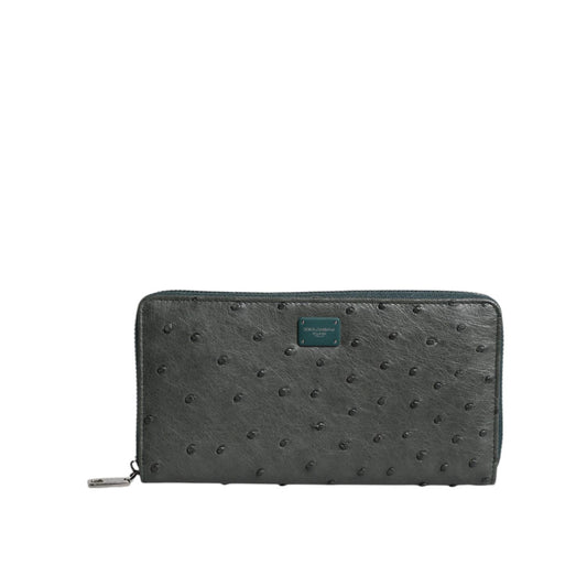 Dolce & Gabbana Green Ostrich Logo Plaque Zip Around Continental Wallet