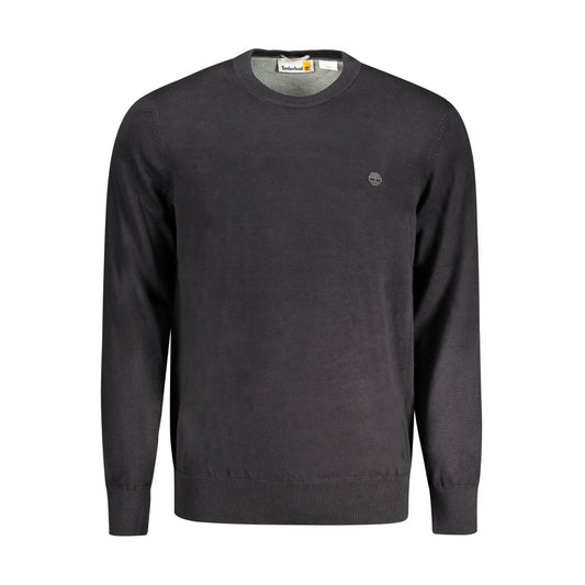 Timberland Black Cotton Men Sweater, long-sleeved with crew neck, featuring iconic Timberland logo, made from 100% organic cotton.