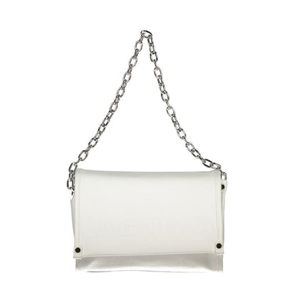 Mario Valentino White Polyethylene Handbag with chain and removable shoulder straps, featuring internal pockets and logo.