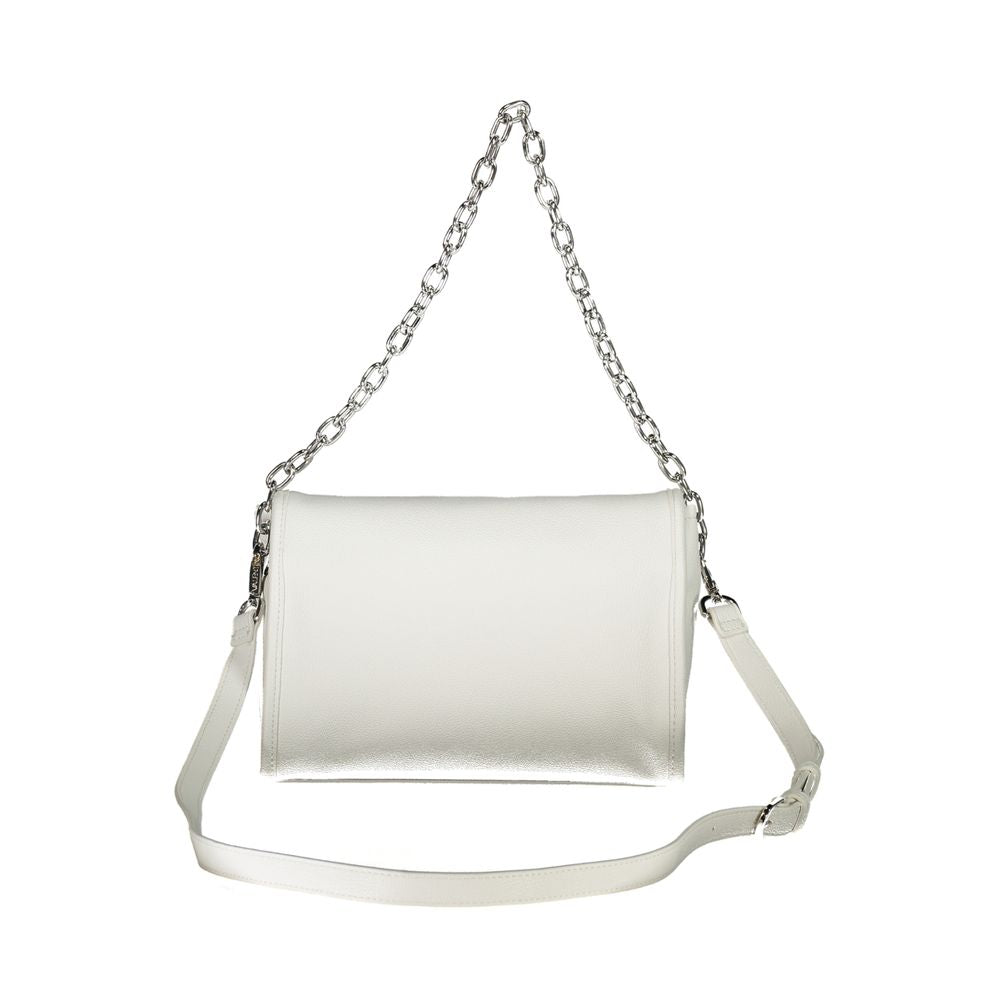 Mario Valentino White Polyethylene Handbag with chain handle and adjustable straps, featuring zip closure and logo.