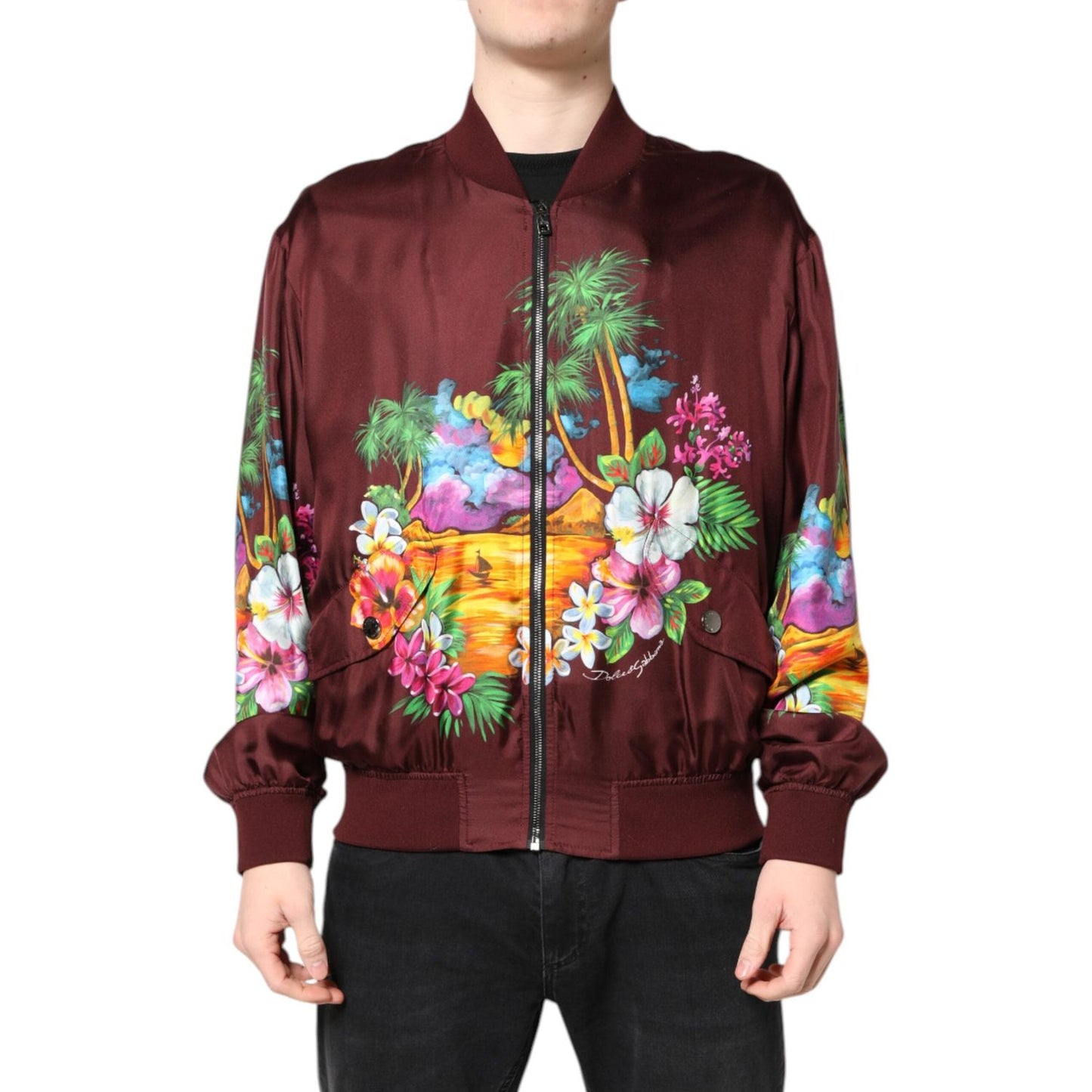 Dolce & Gabbana Maroon Floral Print Full Zip Bomber Jacket JKT41423-46