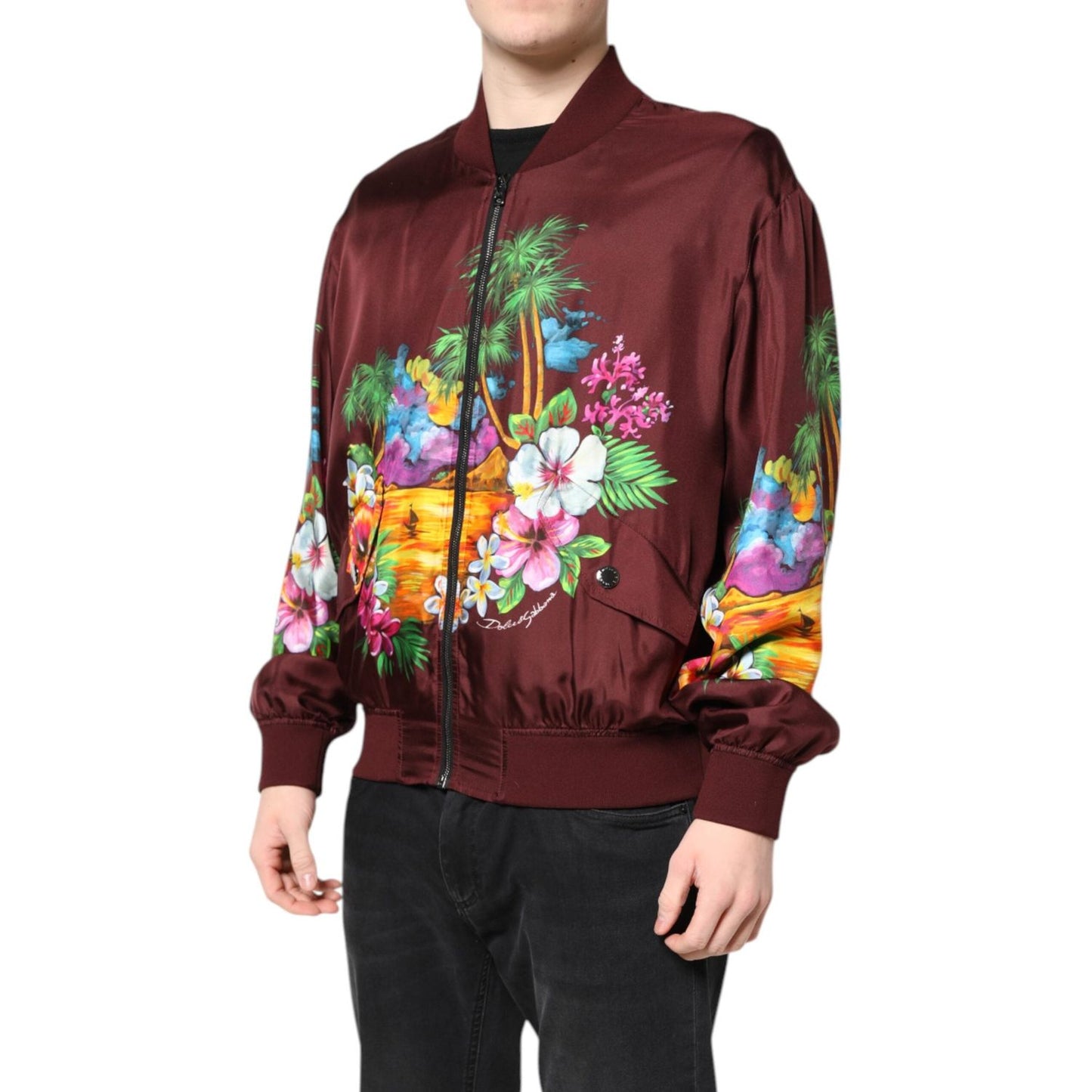Dolce & Gabbana Maroon Floral Print Full Zip Bomber Jacket JKT41423-46