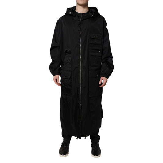 Dolce & Gabbana Black Hooded Long Men Windbreaker Jacket