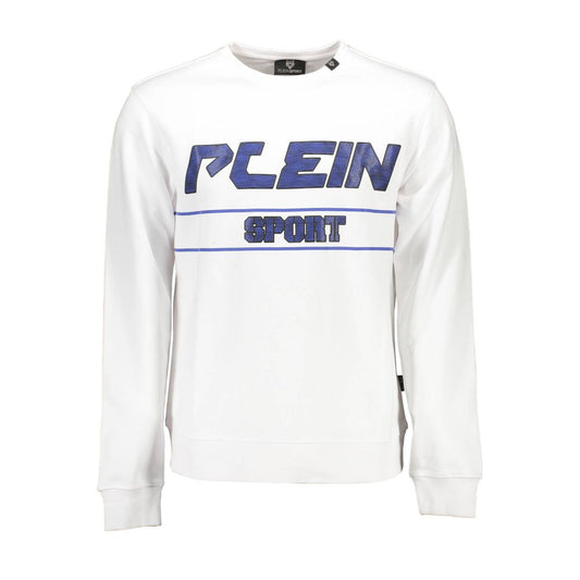 Plein Sport White Cotton Men Sweater with bold logo, sleek long sleeve, and classic crew neck design for fashion-forward style.