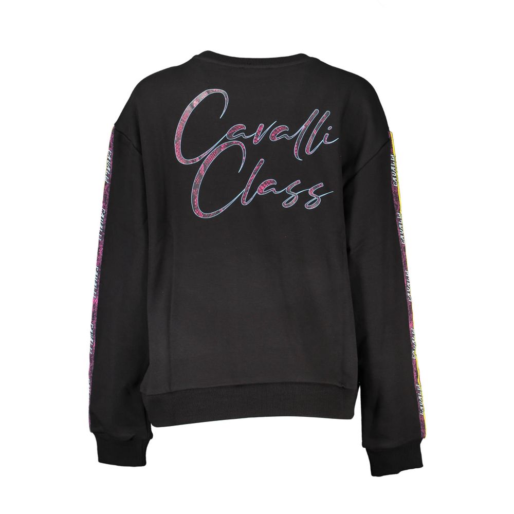Cavalli Class Black Cotton Women Sweater with logo print and brushed texture, showcasing luxurious long sleeves and trendy crew neck.