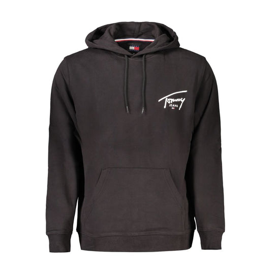 Tommy Hilfiger Black Cotton Men Sweater with logo, hood, and central pocket, crafted from 95% regenerative cotton for urban chic style.