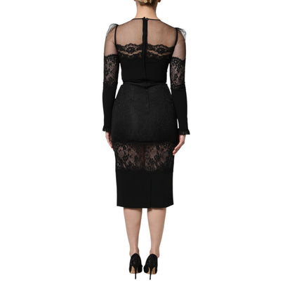 Dolce & Gabbana Black Lace Trim Nylon Tulle Sheath Midi Dress