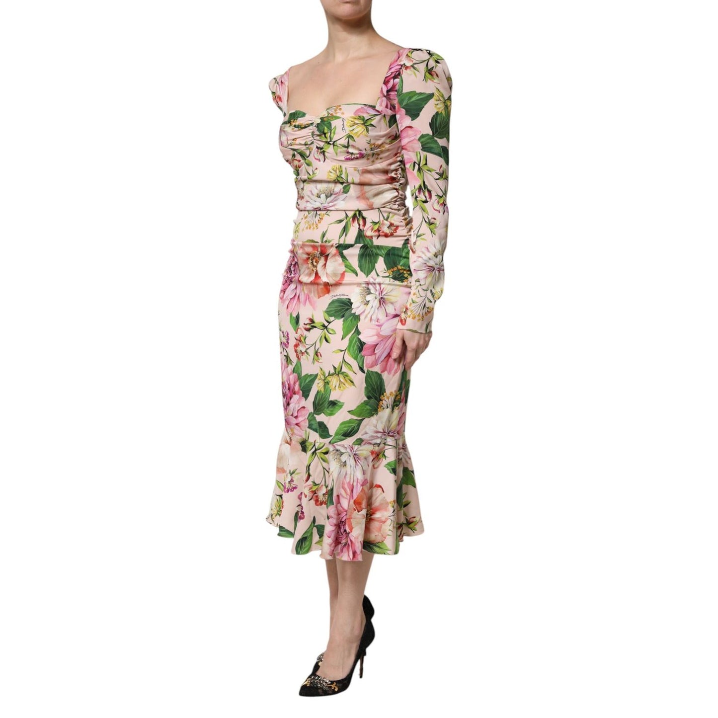 Dolce & Gabbana Pink Floral Silk Fit And Flared Midi Dress