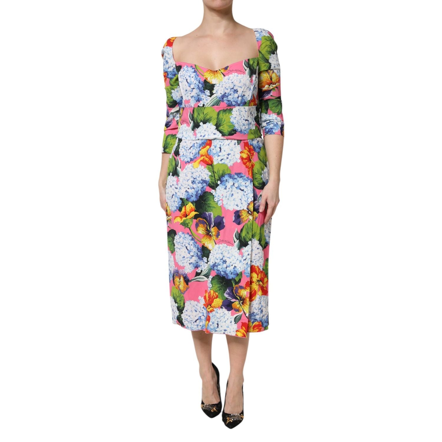 Dolce & Gabbana Multicolor Floral Pleated Sheath Midi  Dress