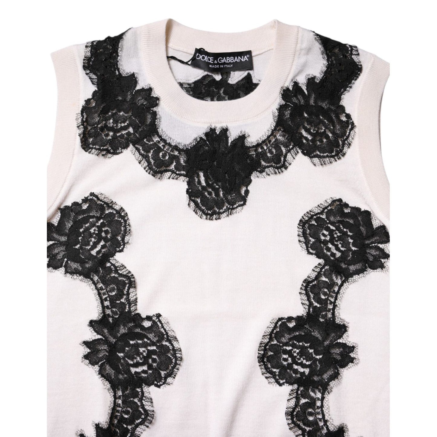 Dolce & Gabbana White Cashmere Floral Lace Detailing Tank Top